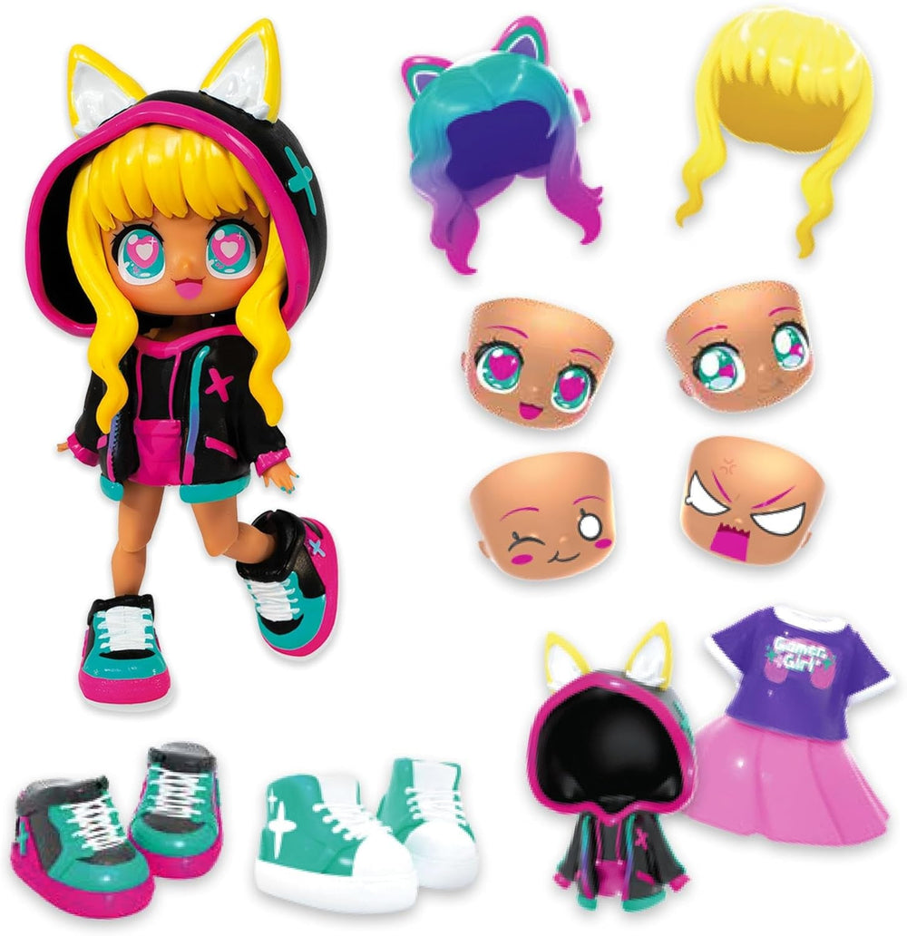 BANDAI - Animakii Einhorn und Fledermaus - Set Personalisierbare Puppen - 1 Puppe, 4 Gesichter, 2 Frisuren, 2 Outfits, 2 Paar Schuhe - Kreatives Spielzeug ab 5 Jahren - HEA26348