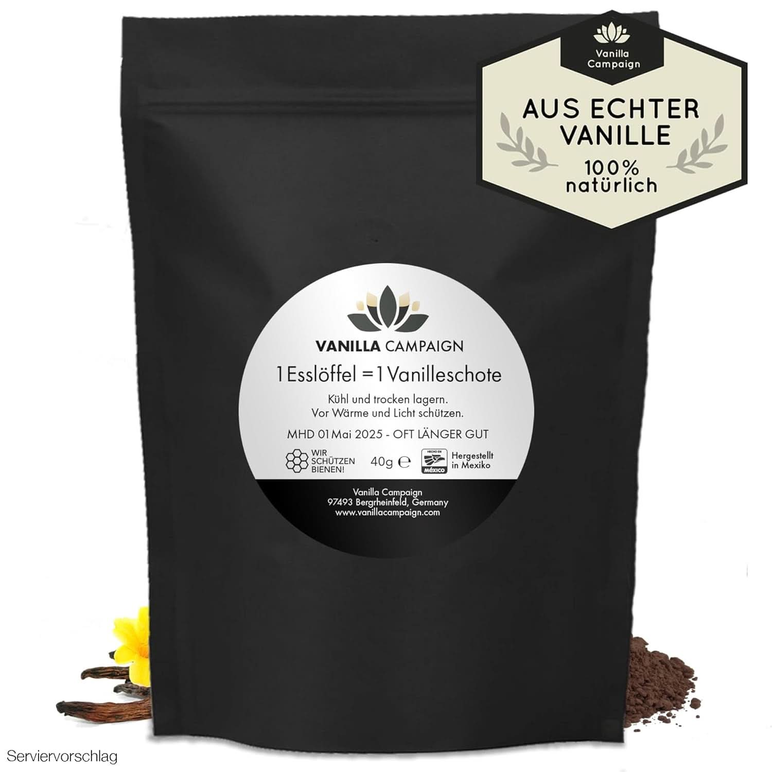 Poudre de vanille de qualité supérieure à partir de vraies gousses de vanille, naturelle, sans sucre, sans additifs, commerce équitable, végétalien (40 g sans boîte) de Vanilla Campaign® Flavors Naty Shop 40 g (dose unique)