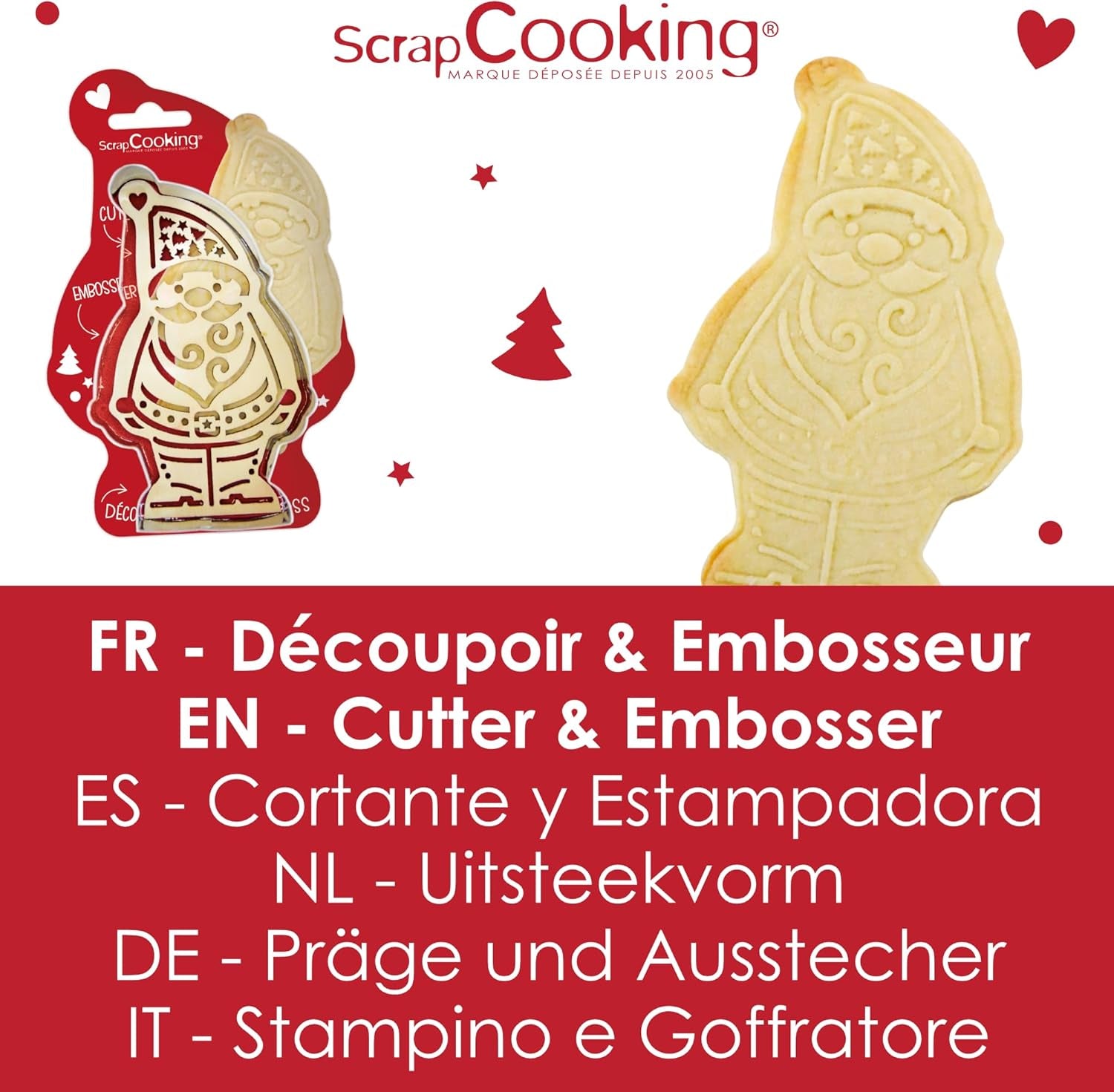 ScrapCooking - Ensemble d'emporte-pièces en bois Père Noël en relief - Emporte-pièce de Noël en acier inoxydable en relief - Accessoires de pâtisserie - Idée cadeau de Noël pour la cuisine - 2079