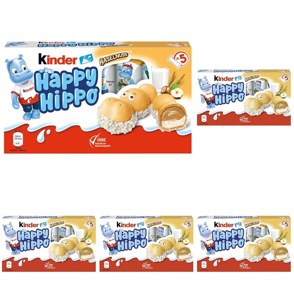 Kinder Happy Hippo Noisette - Spécialité Gaufrettes Croquantes au Lait et Crème de Noisettes - Bonbons Carnaval et Mardi Gras - 1 paquet contenant 5 barres individuelles de 20,7 g chacune