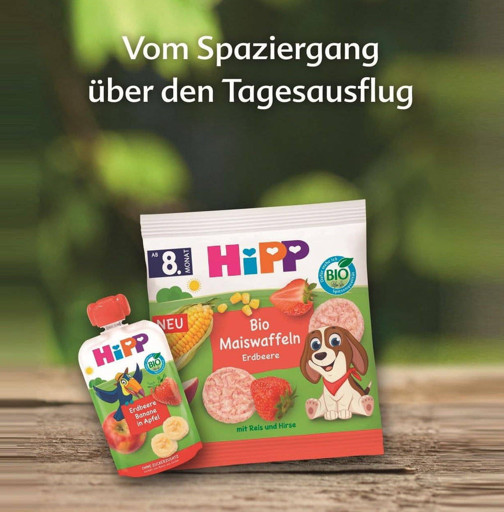 HiPP Vafe Organice din Porumb cu Căpșuni (8 x 23 g), gustare pentru bebeluși de la 8 luni, îndulcită doar cu fructe și legume, fără gluten, de cea mai bună calitate organică (pachet de 2)