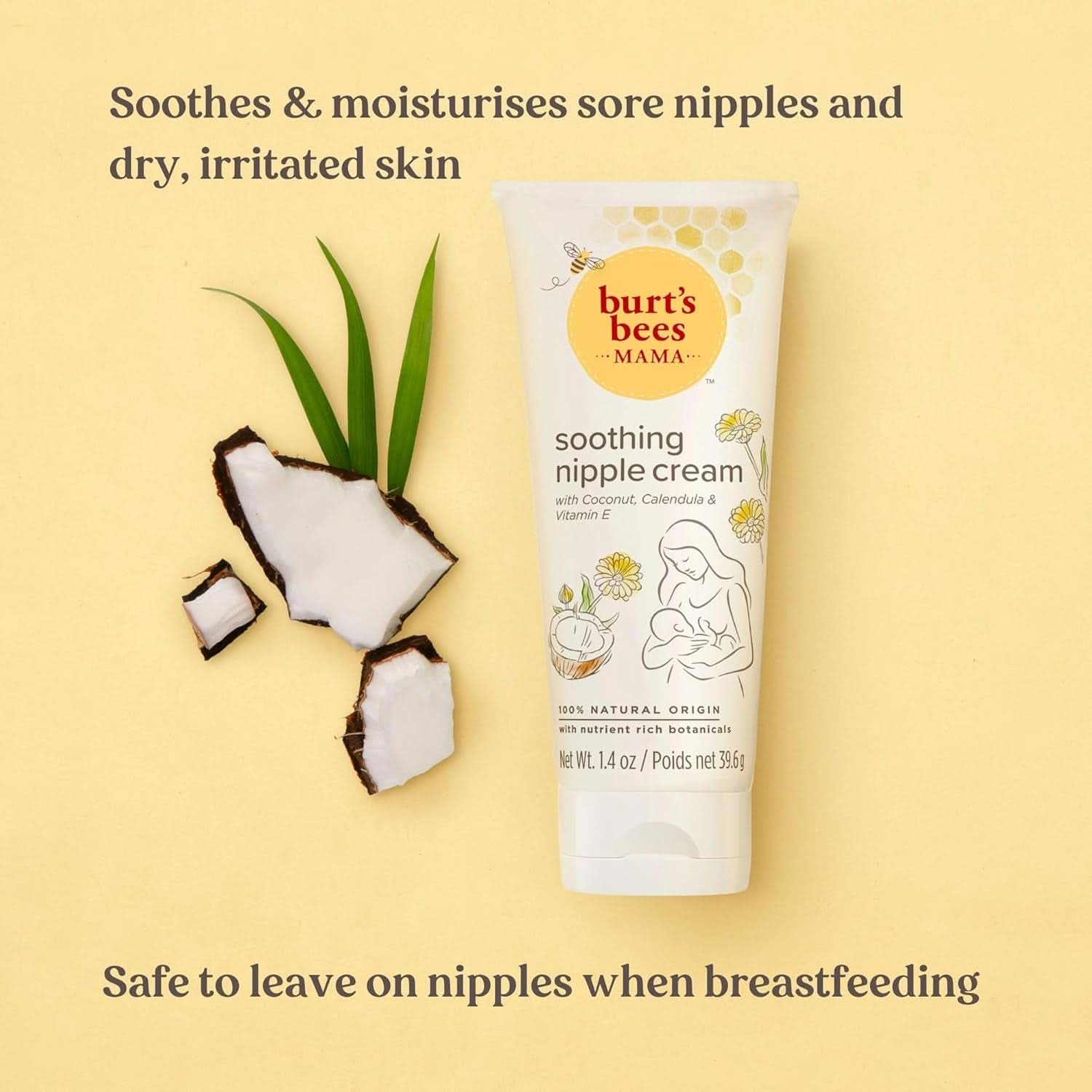 Burt'S Bees® Mama Crème apaisante pour mamelons à la noix de coco, au calendula et à la vitamine E, 100 % naturelle, 1,4 once Accessoires Alimentation et allaitement Baby Naty Shop