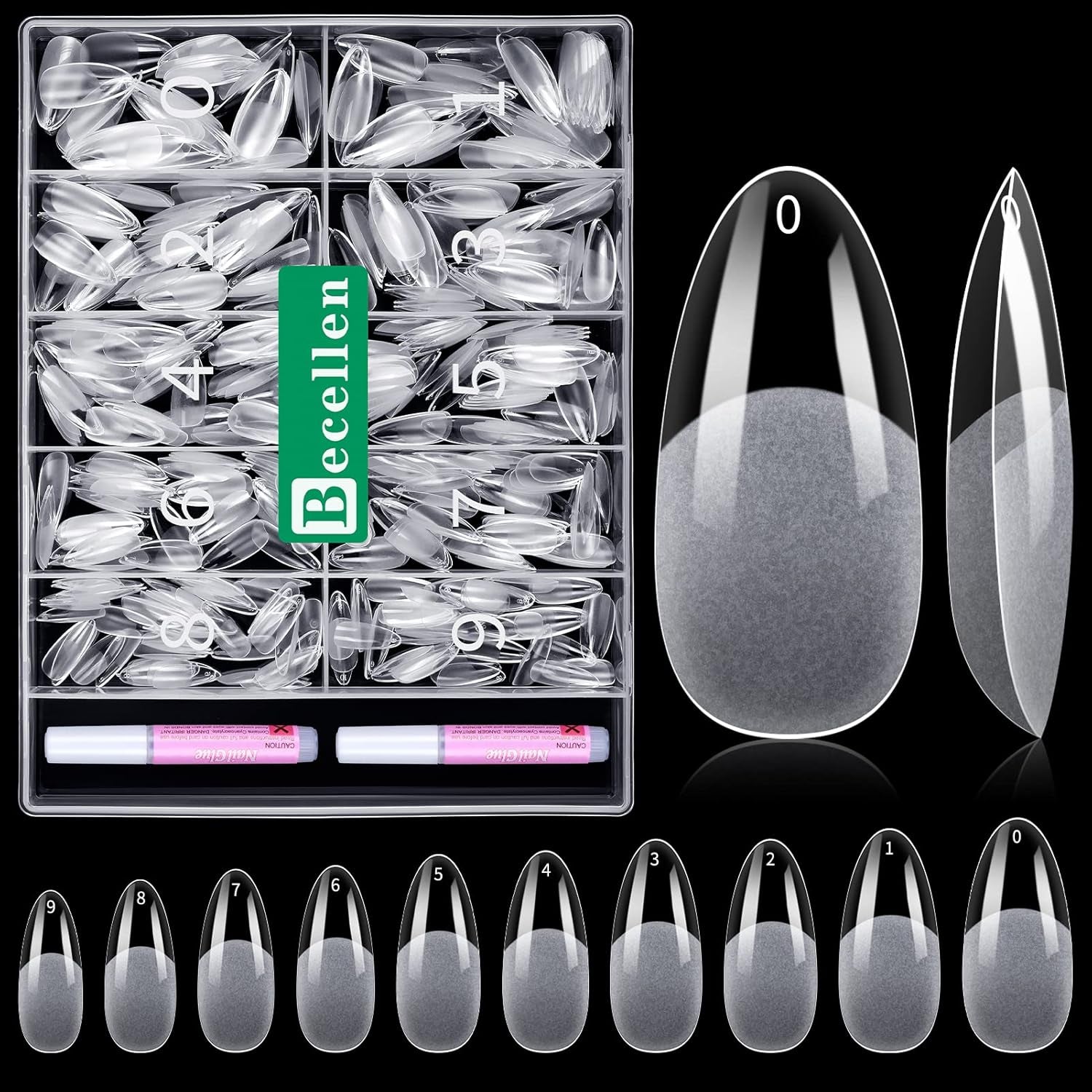 Becellen 500pcs Conseils d'ongles artificiels, Conseils d'ongles en gel souple, Couverture complète, Conseils d'ongles en gel, Ongles artificiels pré-polis, Ensemble de colle DIY Nail Art (Amandes)