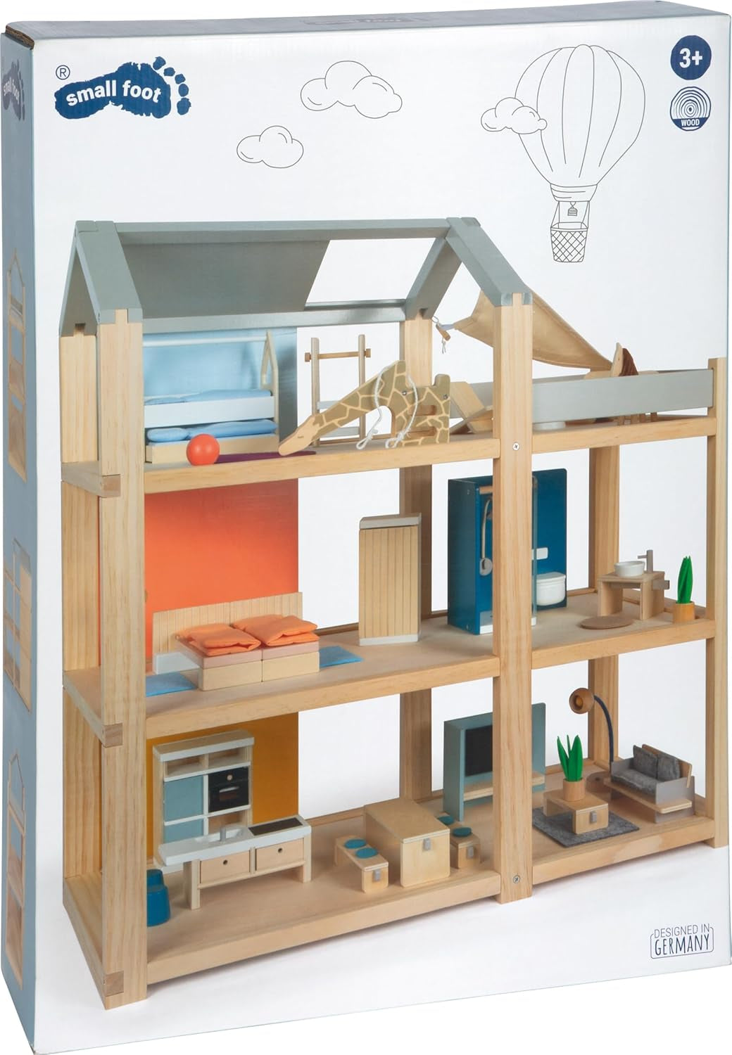 Casă de păpuși din lemn Small Foot, culori naturale - 3 etaje cu terasă pe acoperiș și set de mobilier din 51 de piese, încurajează jocul creativ, potrivită de la 3 ani, 12541 Casute de papusi Naty Shop