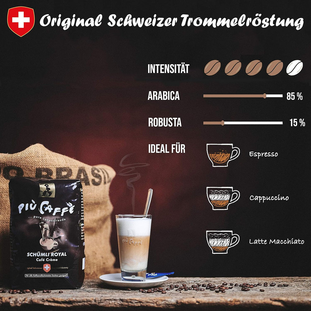 Café Crème Café-bohnen, würzig, kräftig, intensiv et gehaltvoll, Arabica et Robusta, Schweizer Trommelröstung, ganze Bohnen für Volllautomaten Schümli Royal 1 kg