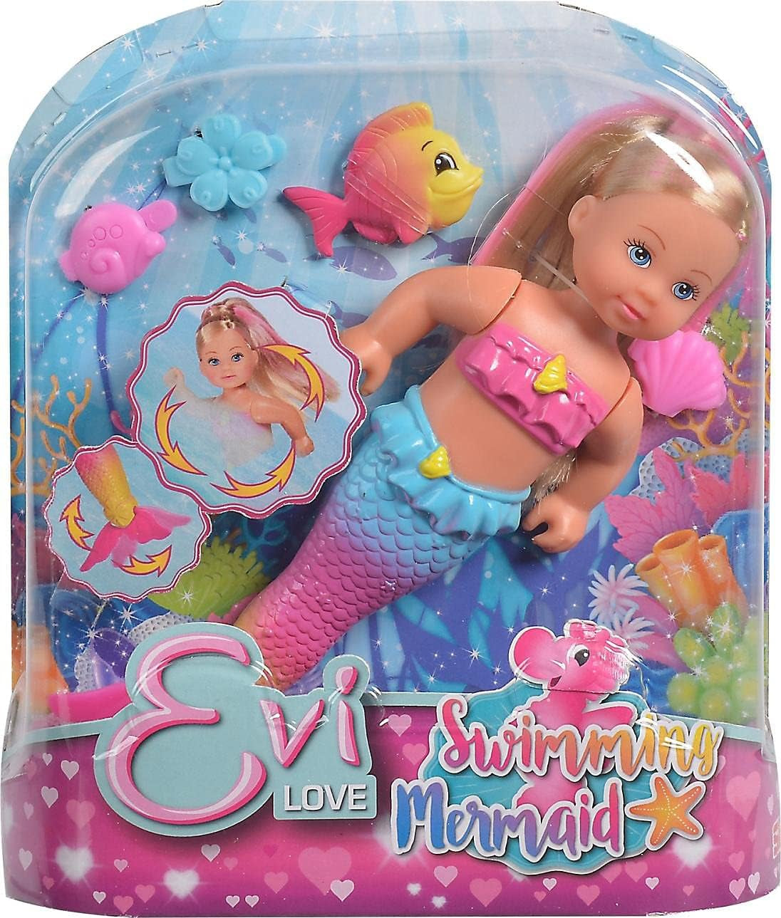 Simba 105733318 - Evi Love Swimming Mermaid, Evi comme une sirène, Sait nager correctement, Avec figurine de poisson, Poupée à habiller, 12 cm, Pour les enfants à partir de 3 ans Poupées Naty Shop