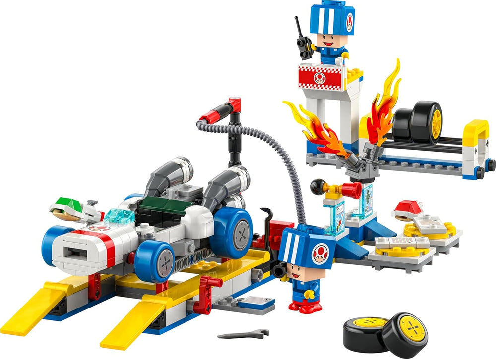 LEGO Super Mario : Mario Kart – Ensemble de garage de Toad, jouet mécanique Nintendo avec 2 figurines de personnage de crapaud bleu pour un jeu indépendant, cadeau d'anniversaire pour garçons, filles et joueurs âgés de 8 ans et plus 72035
