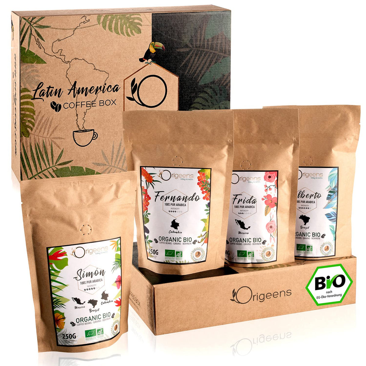 ORIGEENS Bio Kaffeebohnen Probiersset 1kg | Premium Bio Arabica Café Ganze Bohnen Set 4x250g | Röstung traditionnel | Ensemble de cafetières à café