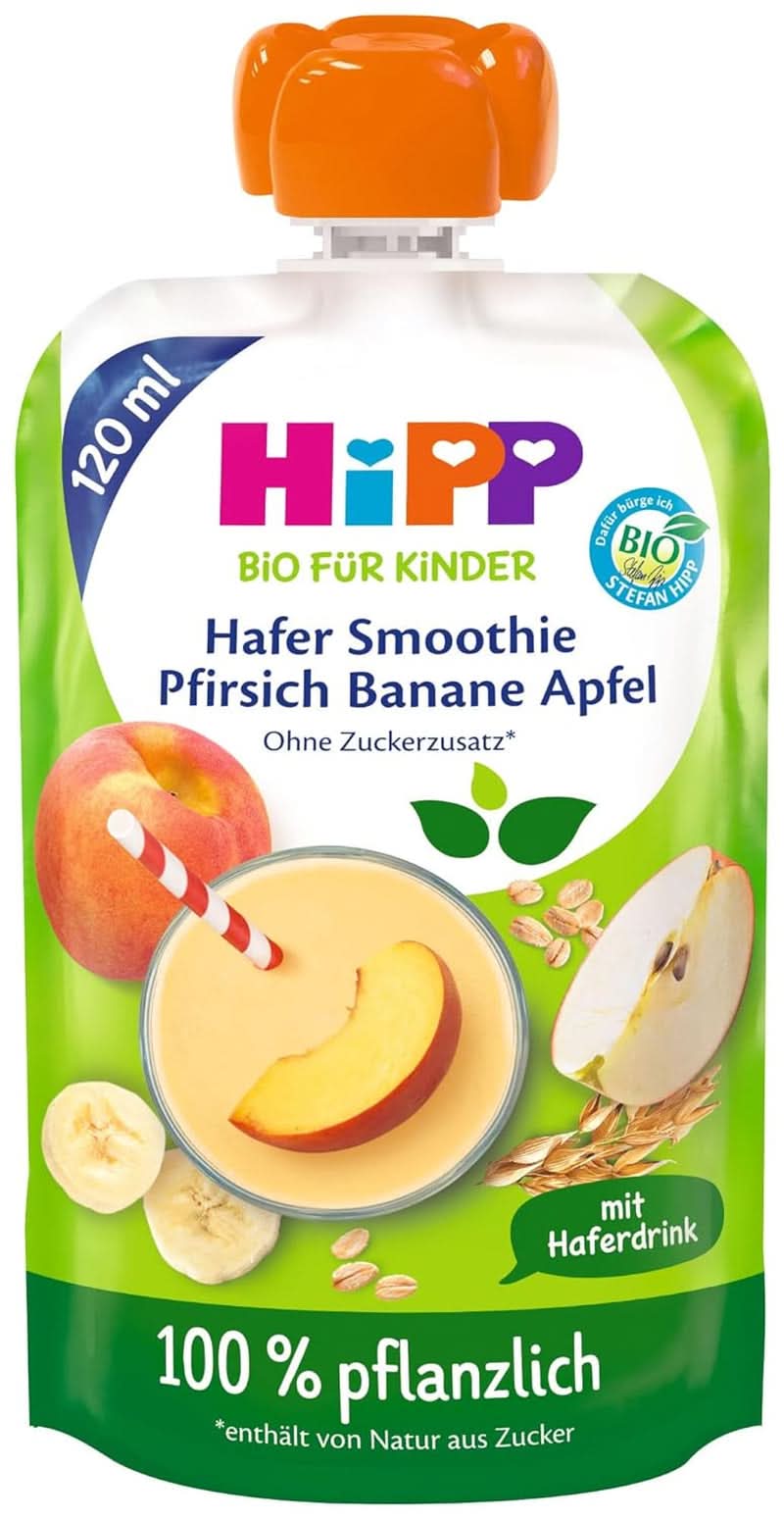 Hipp BIO Smoothie aux pommes, pêches, bananes avec boisson à l'avoine, 120 ml, pack de 6 (6 x 120 ml) Mère et Enfant Naty Shop 6 x 120 ml Banane, pêche