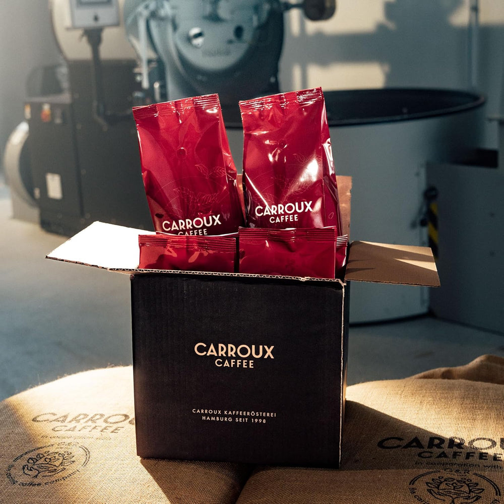 CARROUX Espresso, Bohnen ganze (6x 500 g). Pour Siebträger u. Machines à café automatiques. Frisch geröstete Kaffeebohnen der Privat-Rösterei à Hambourg