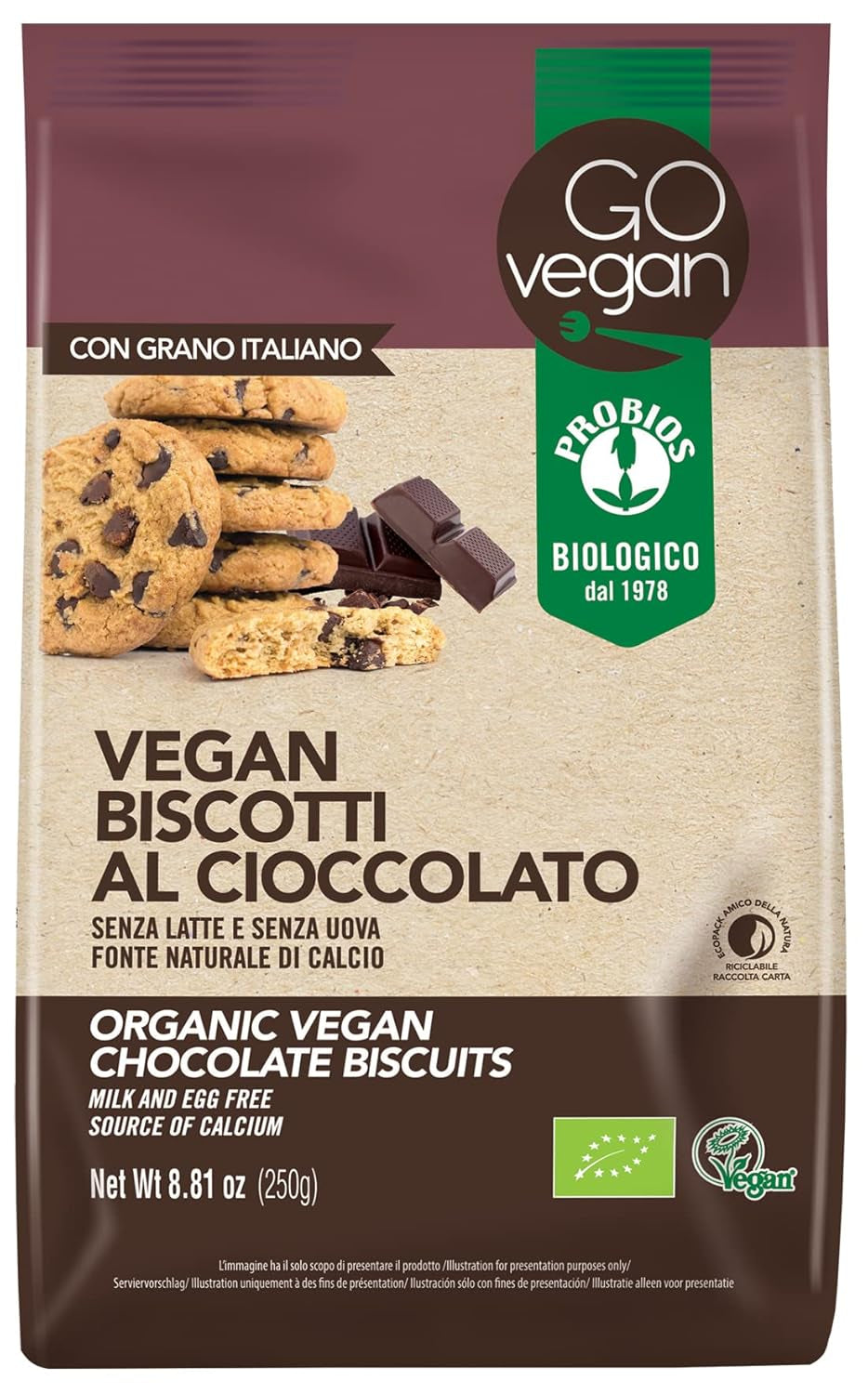GO VEGAN Biscuits aux pépites de chocolat et riz germé - Biscuits végétaliens - Riche en calcium - 1 paquet (1 x 250 g)