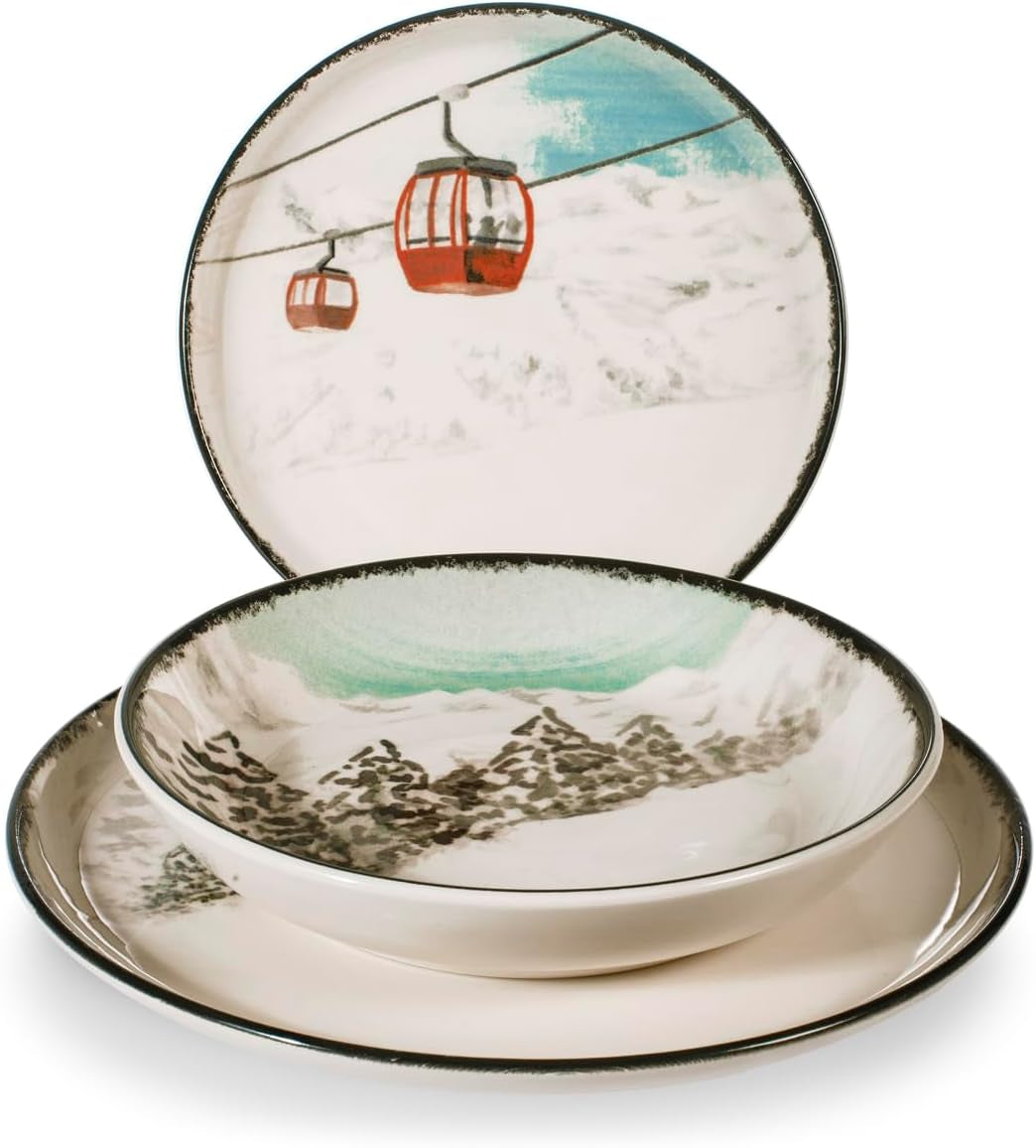 Winter Escape Service de table de Noël 12 pièces en grès – Design skieur d'hiver nordique – Passe au lave-vaisselle et au micro-ondes