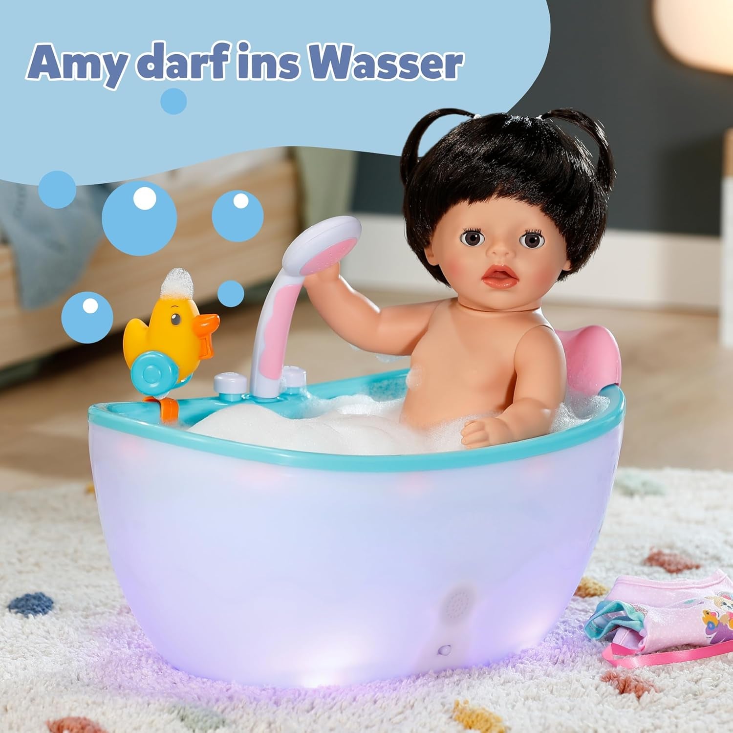 BABY Born Amy - Poupée 36 cm - Poupée bébé avec 7 fonctions pour les tout-petits à partir de 1 an - Fonctionne sans piles - Comprend accessoires et matelas