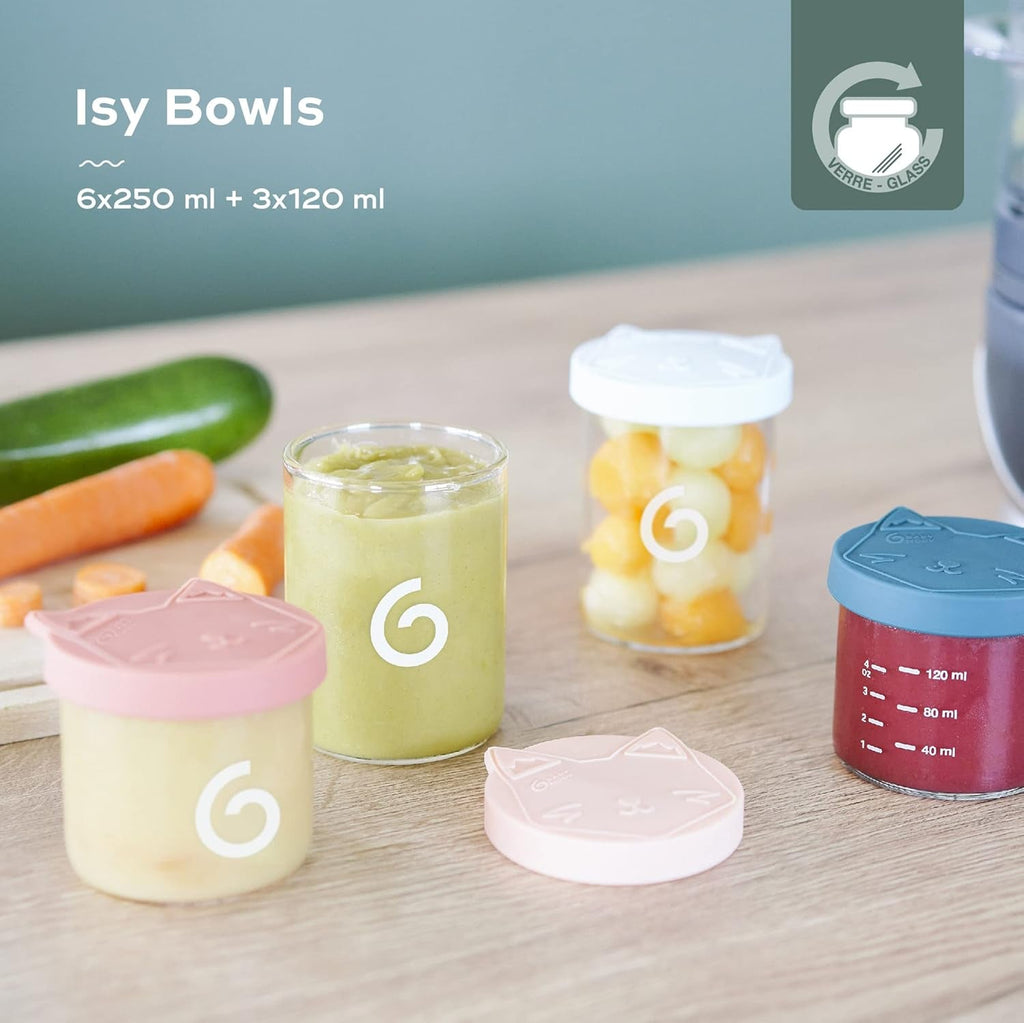 Babymoov ISY BOWLS recipiente pentru alimente pentru copii din sticlă robustă, rezistentă la temperatură - pentru depozitarea/congelarea alimentelor pentru copii, 6x 250ml + 3x 120ml Cutii depozitare alimente Naty Shop