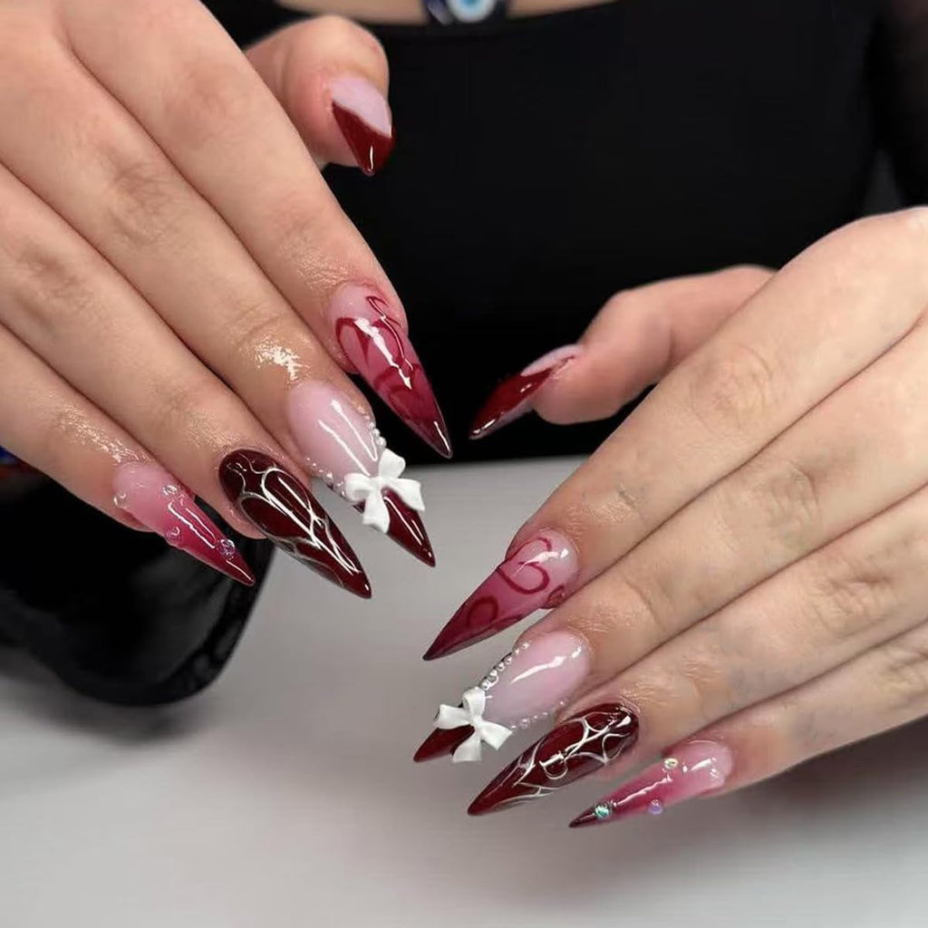 Mouyouglow Unghii lungi, Stiletto, alb lăptos, gradient roz, sclipici, cool, unghii false cu lipici, unghii artificiale roz Ombre sclipici