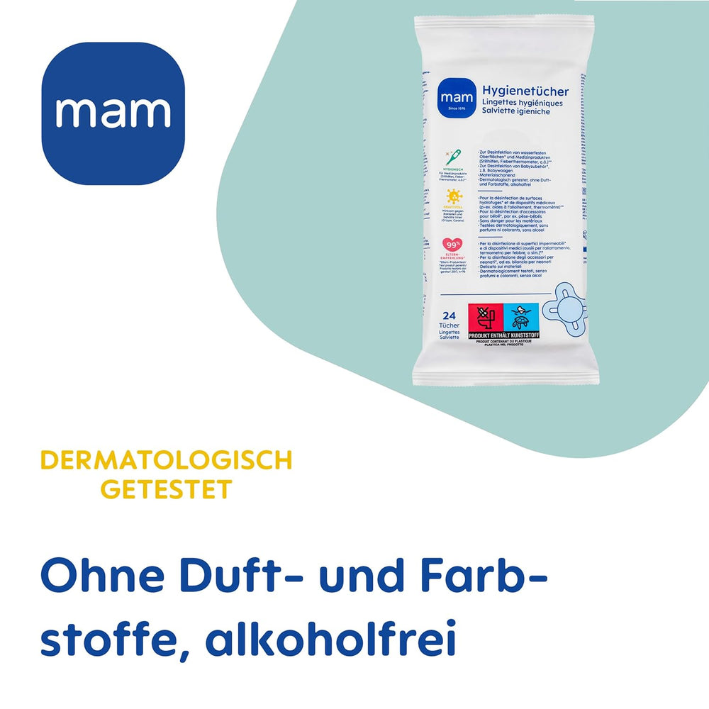 MAM Lot de 3 serviettes hygiéniques (3 x 24 pièces), lingettes nettoyantes pour dispositifs médicaux et accessoires pour bébé, serviettes hygiéniques antibactériennes et anti-virus