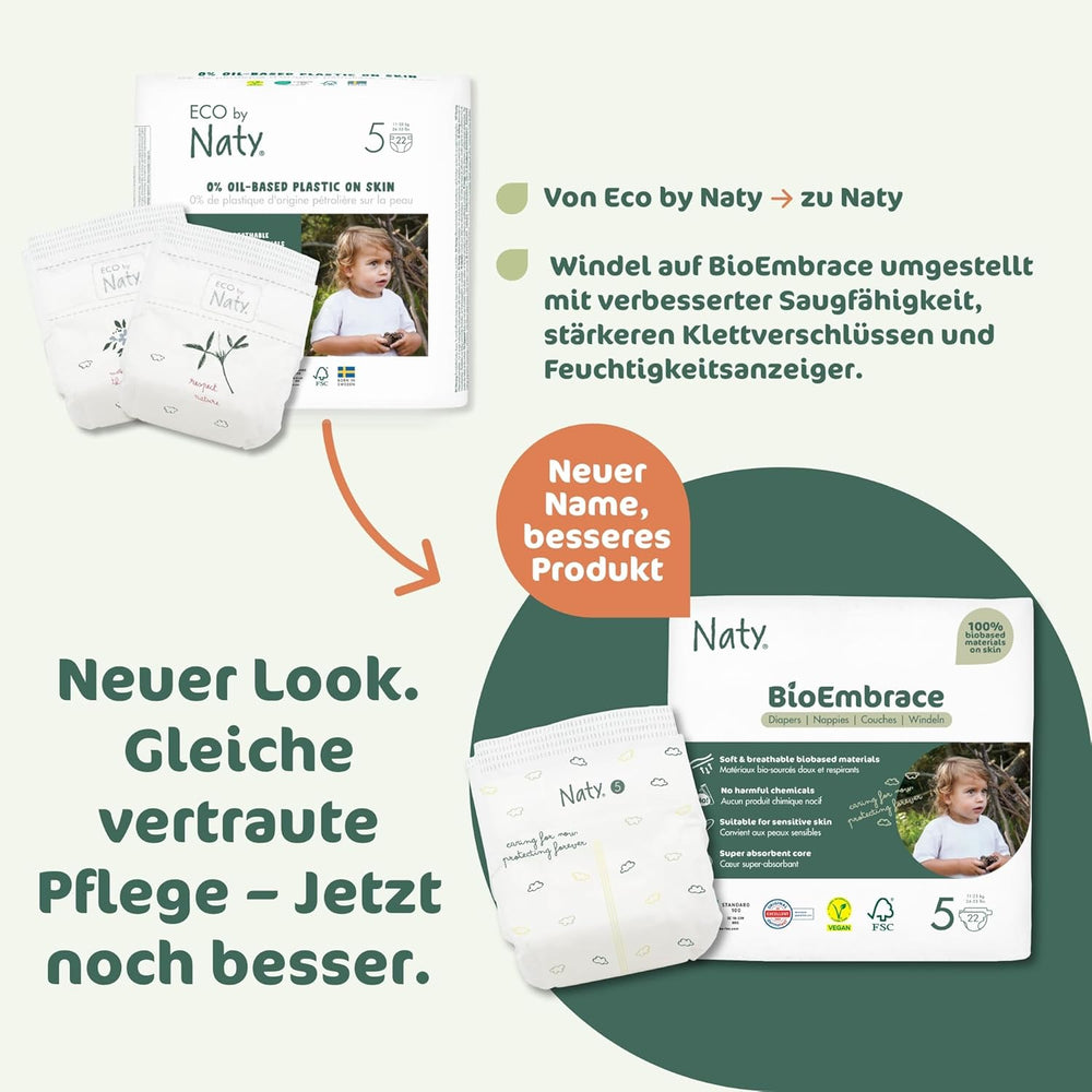 Couches pour bébé Naty BioEmbrace, taille 5 (11 à 25 kg) | Matières 100% végétales, douces pour la peau | Douceur respirante, testée dermatologiquement, excellente absorption | 80 pièces.