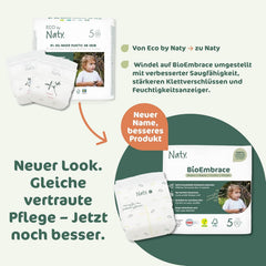Couches pour bébé Naty BioEmbrace, taille 5 (11 à 25 kg) | Matières 100% végétales, douces pour la peau | Douceur respirante, testée dermatologiquement, excellente absorption | 80 pièces.