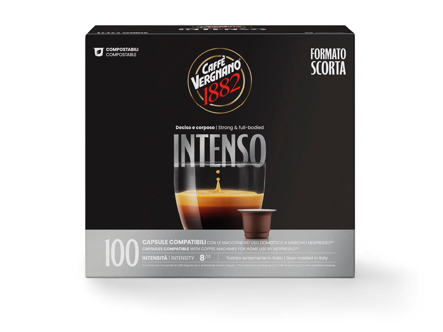 Caffè Vergnano 1882 - Èspresso Kompostierbare Kaffeekapseln , Compatible Avec Nespresso, Intenso (Intenso) - Packung Enthält 100 Kapseln