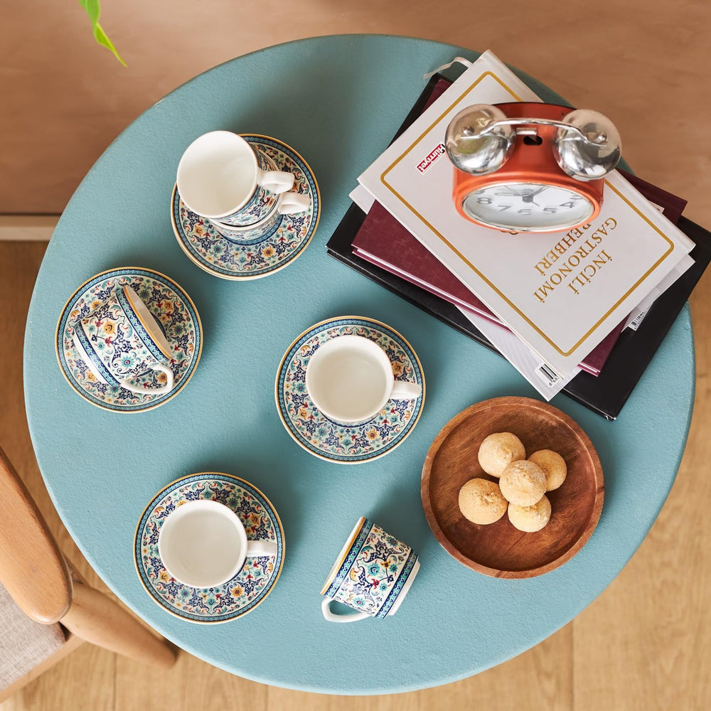 KARACA Beylerbeyi - Ensemble de 12 tasses à café turques, 6 tasses à expresso en porcelaine avec soucoupes, ensemble de tasses à expresso de 80 ml, design traditionnel - Bleu