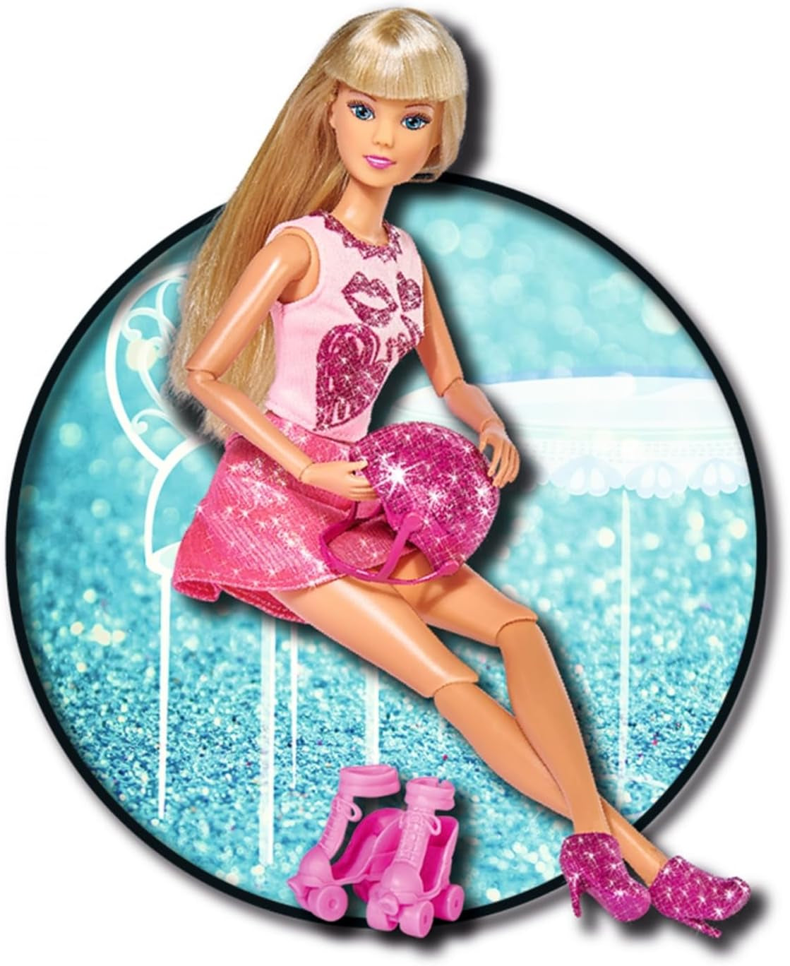 Simba 105733268 - Steffi Love Glitter Skates, Spielpuppe in glitzerndem Rollerskateoutfit, Schoner und Helm, 2in1 Rollschuhe Werden zu High Heels, 29cm, ab 3 Jahre