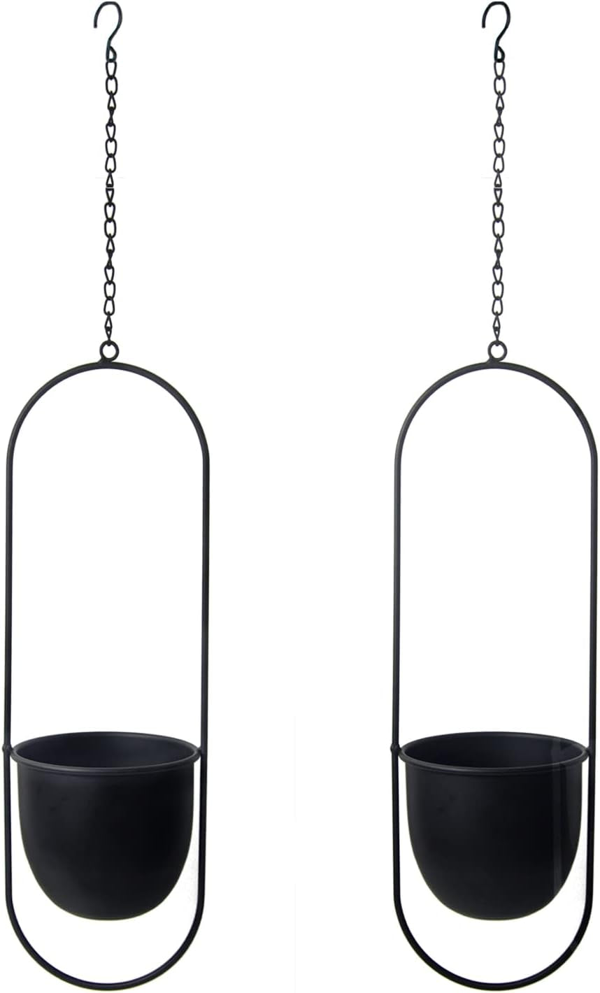 Pots de fleurs suspendus en métal 2 pièces cintre de plante géométrique ovale noir avec pots jardinière de mur et de plafond moderne intérieur extérieur 15,2 cm Pots de fleurs 2 pièces