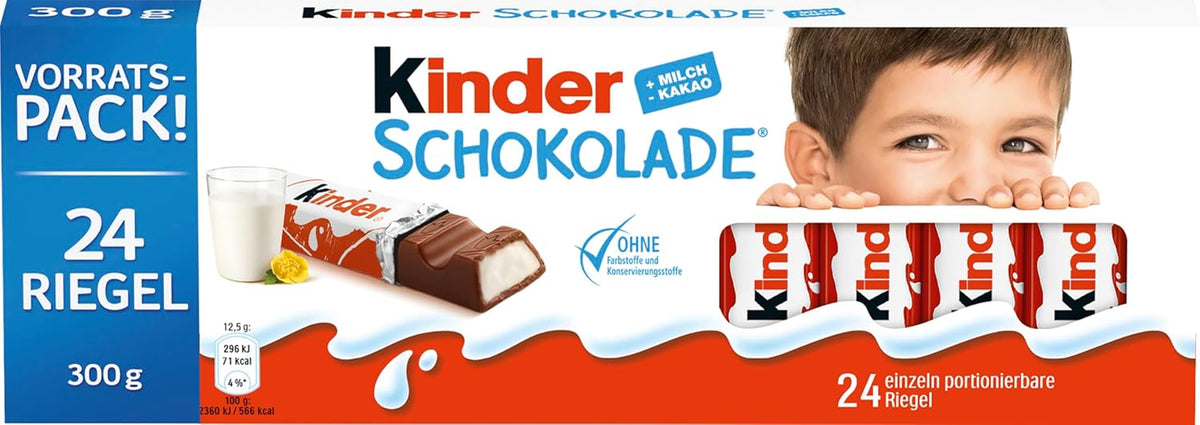 Kinder Chocolate - Barres de chocolat au lait fourrées - 1 paquet contenant 24 barres individuelles (24 x 12,5 g).