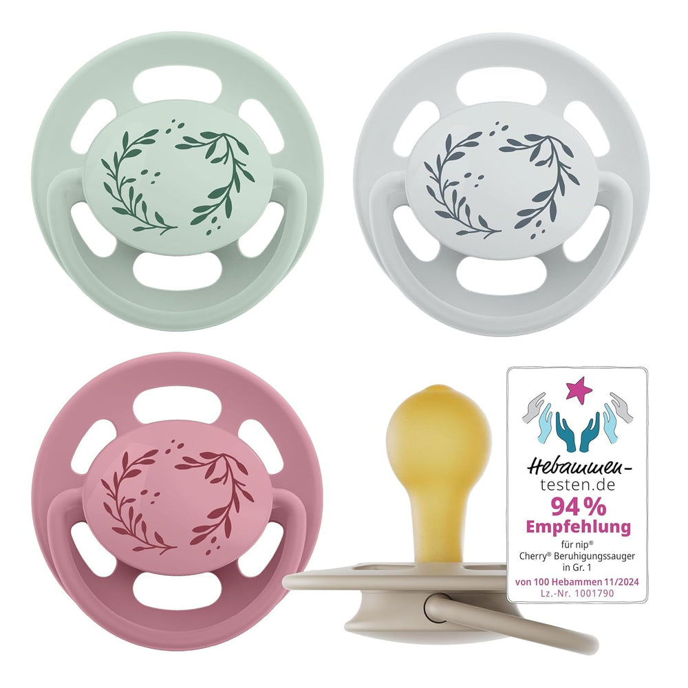 pincement - Vert Cerise | 0-6 mois | Paquet de 4 | Sucette pour bébé, adaptée à l'allaitement et à la dentition. Sucette durable, fabriquée à partir de matières premières naturelles, vert clair/marron