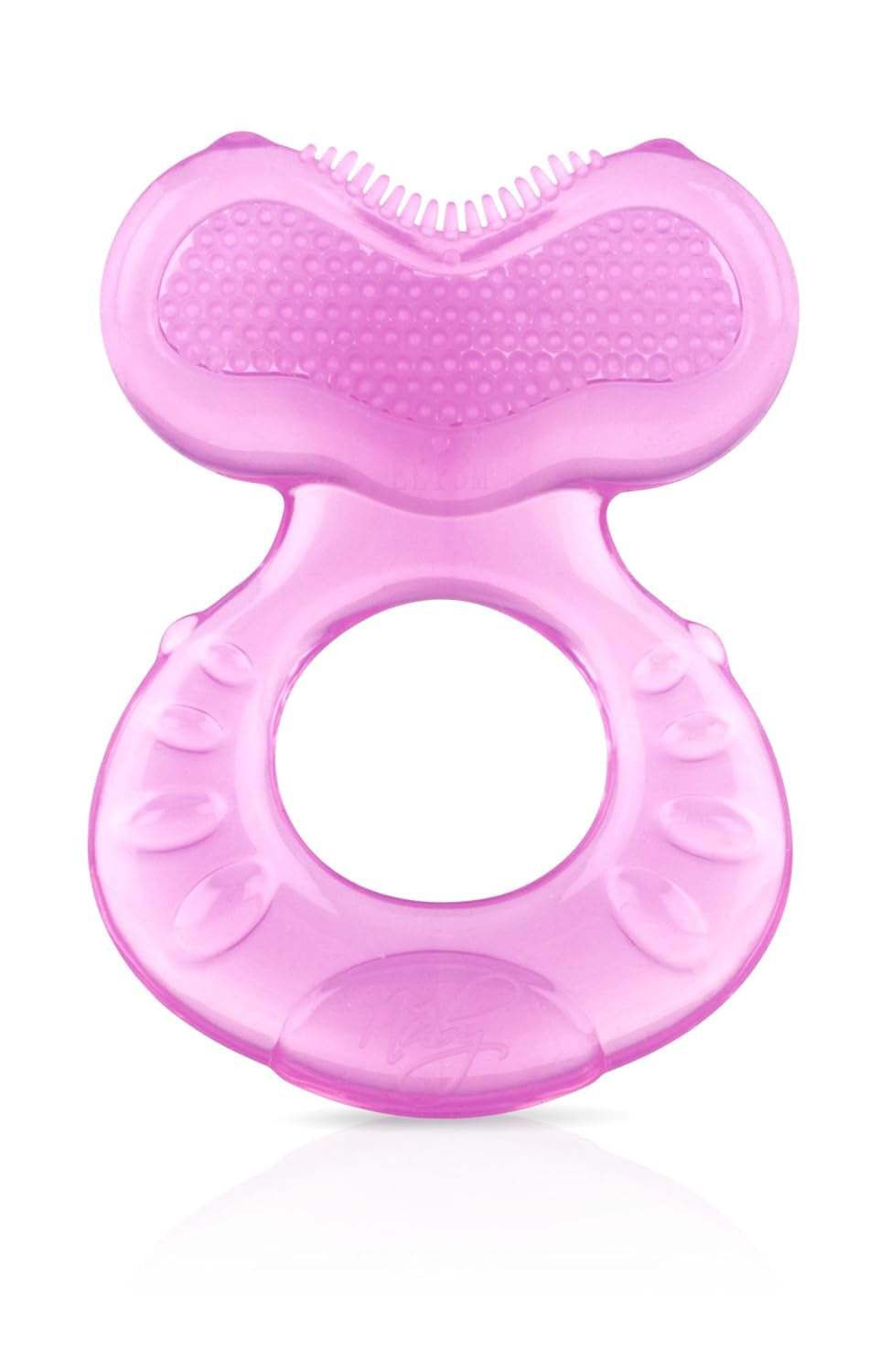 Nuby Teethe-eez Anneau de dentition en silicone souple | Aide à la dentition en silicone avec surface texturée pour masser les gencives | Housse hygiénique incluse | Rose | A partir de 3 mois