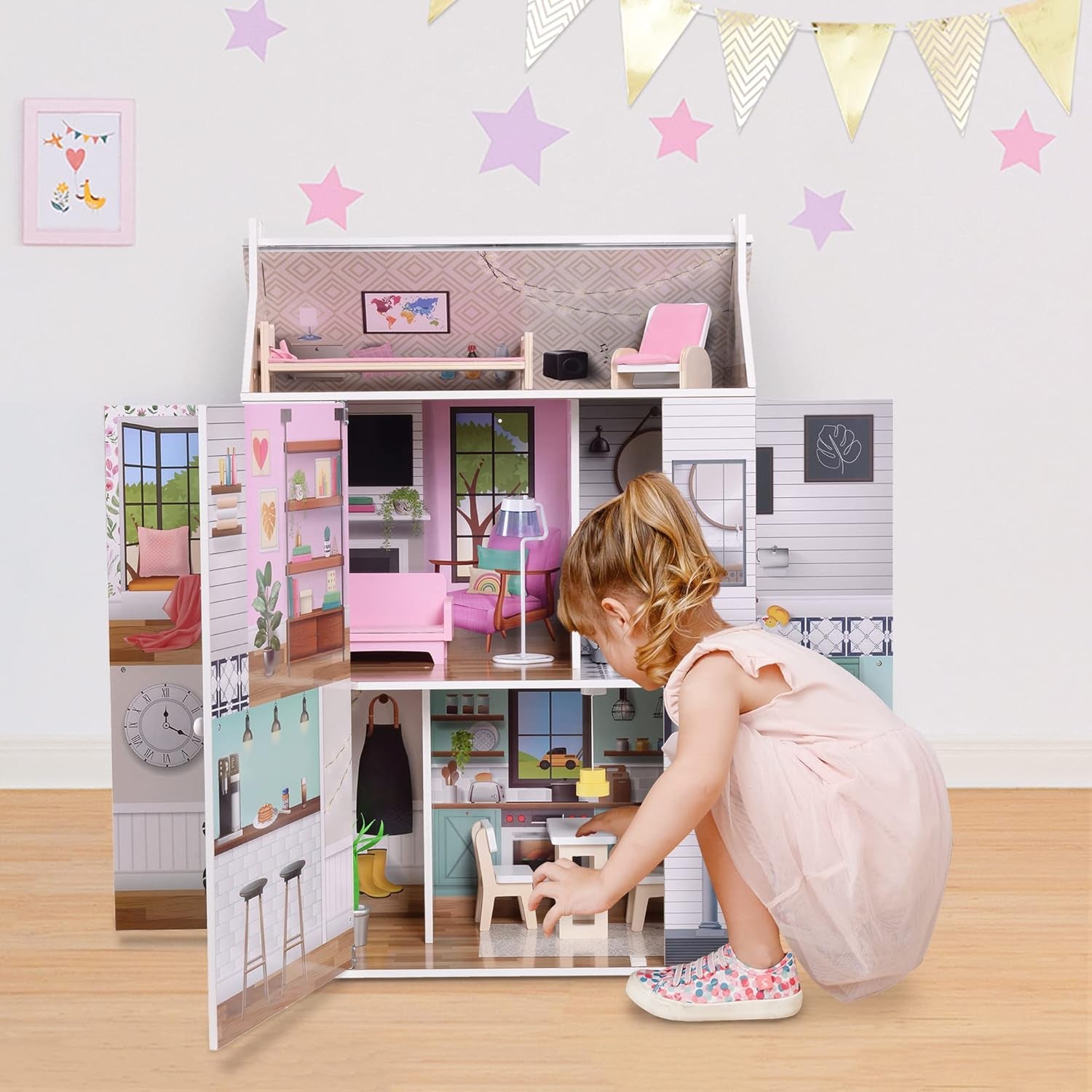 Olivia's Little World Dreamland Maison de poupée interactive en bois à 3 niveaux avec 13 accessoires de meubles de poupée Blanc TD-13632A