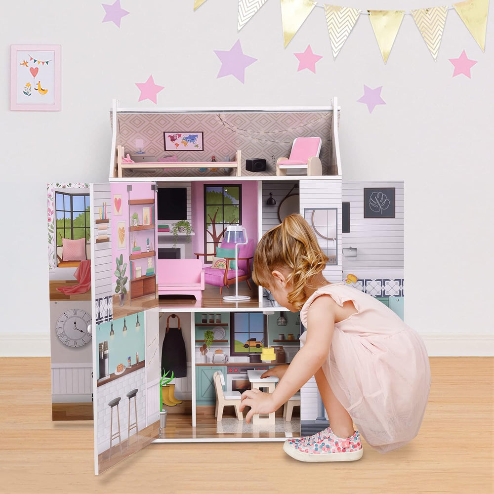 Olivia's Little World Dreamland Maison de poupée interactive en bois à 3 niveaux avec 13 accessoires de meubles de poupée Blanc TD-13632A
