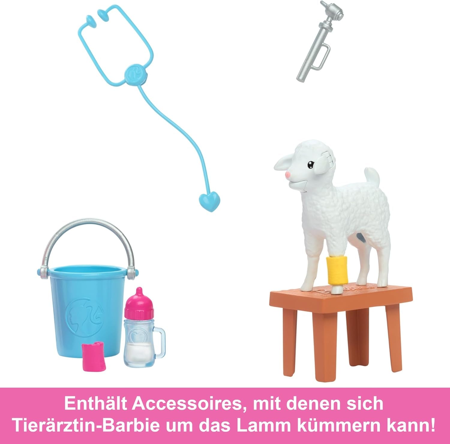 Barbie-Puppe zum 65. Jubiläum und 10 Zubehörteile, Hoftierärztin-Set mit Blonder Tierärztin-Puppe, Lamm mit bewegbaren Ohren und mehr, HRG42