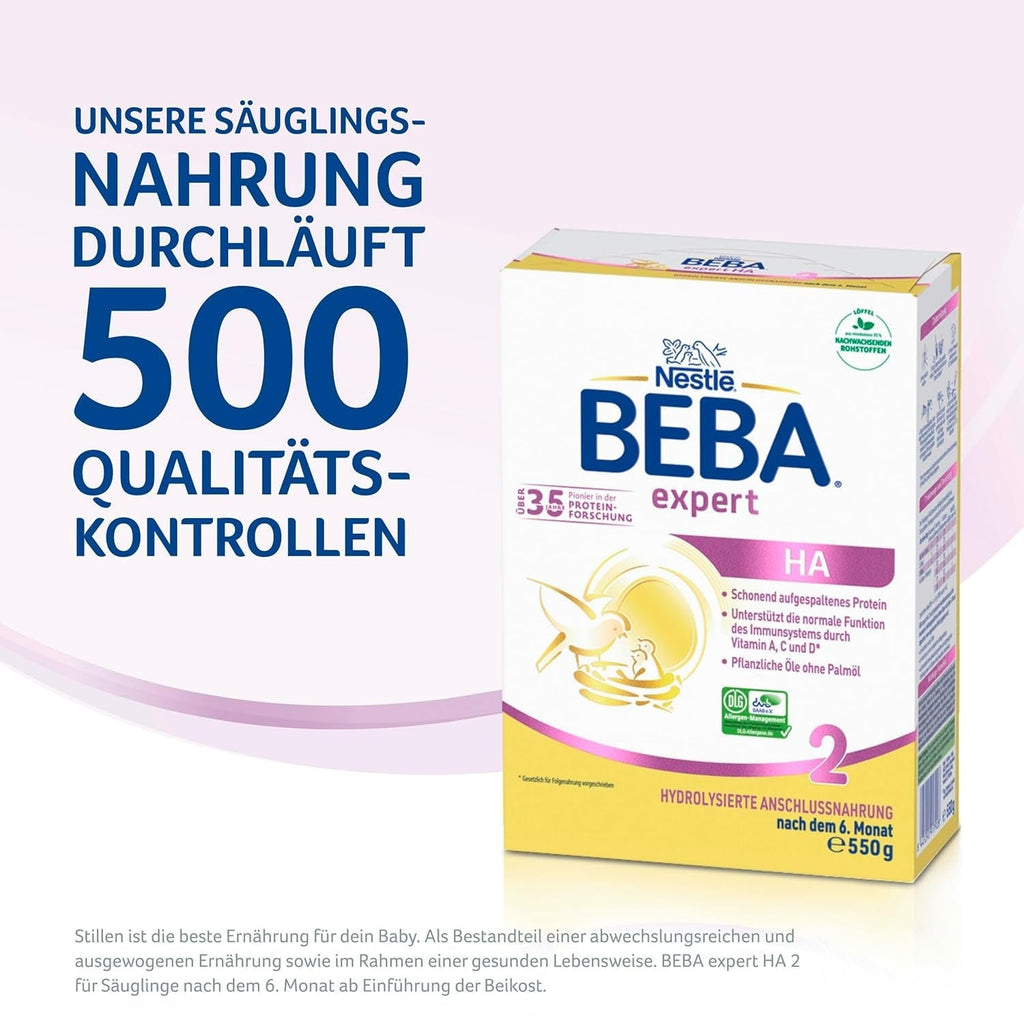 BEBA Expert HA 2 Lapte de continuare după 6 luni, hrană pentru copii cu proteină hidrolizată, doar lactoză, fără ulei de palmier, pachet de 6 (6 x 550 g) Naty Shop