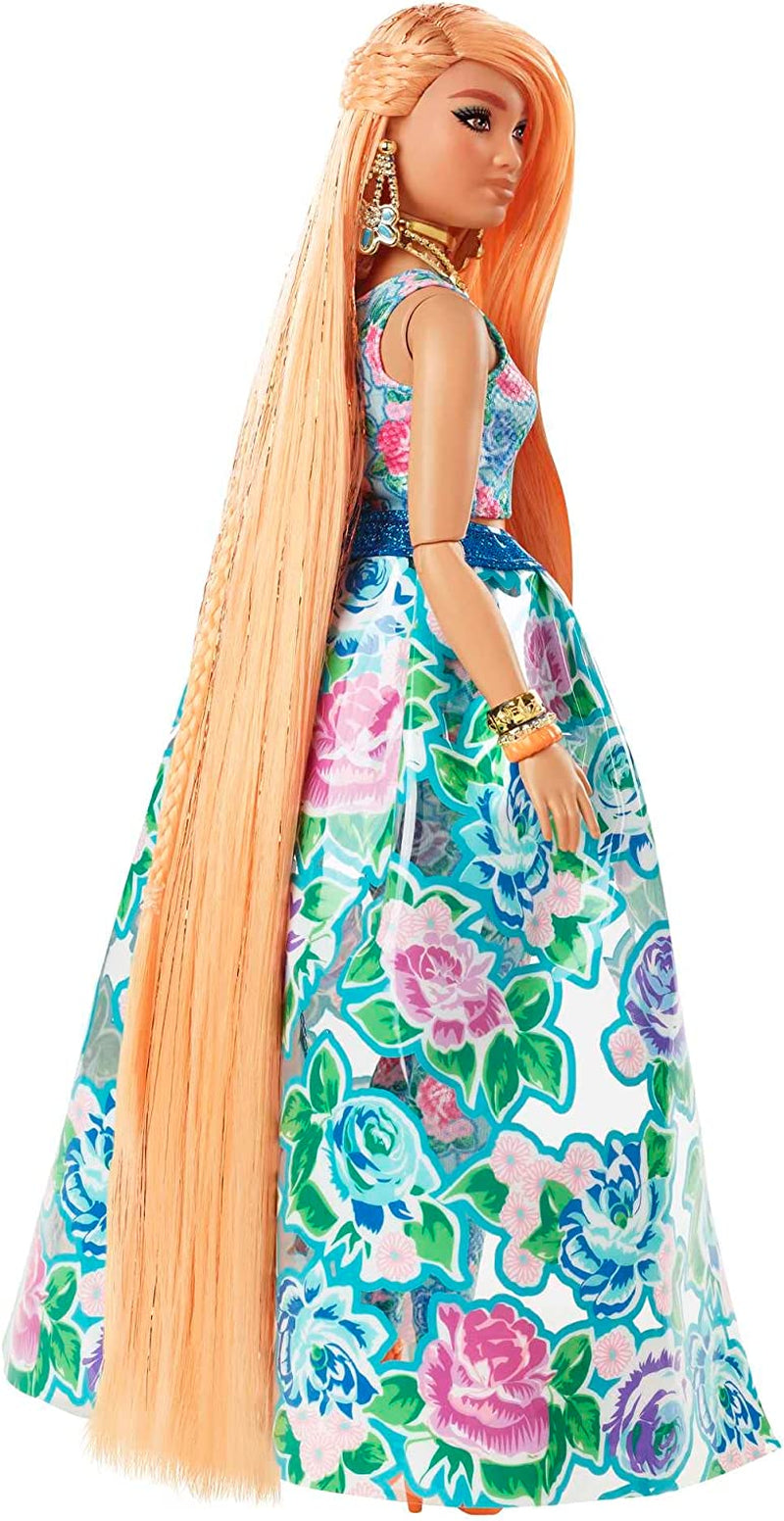 Barbie Extra Fancy, kurvige Langen erdbeerblonden Hair, zweiteiliges Outfit, Blaue Katze, rosa Handtasche, Ananas-Sonnenbrille, inkl Puppe, as Geschenk geeignet,HHN14