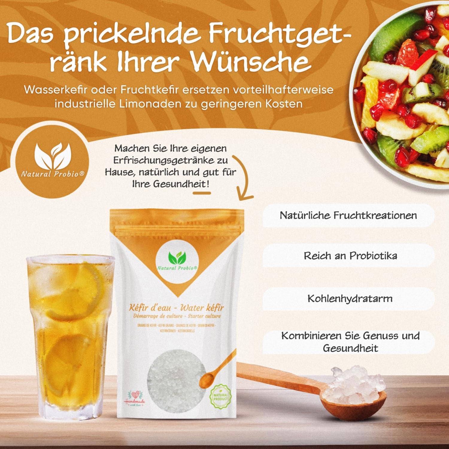 Natural Probio® Wasserkefir, Kefirpilz, Japankristalle, Kefirknollen, Starter Set + Anleitung, Rezept, Tipps, E-Book & Rezeptbibliothek + Kundenservice auf Lebenszeit (10g déshydraté/60g réhydraté)