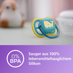 Sucette Philips Avent Ultra Air - lot de 2 sucettes respirantes sans BPA pour bébés à partir de 18 mois, comprenant étui de transport et stérilisation, Baleine/Baleine (Modèle SCF349/24)