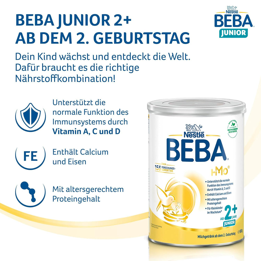 Boisson lactée BEBA Junior 2+ à partir de 2 ans, Avec HMO, Teneur en protéines adaptée à l'âge, Lactose uniquement, Sans huile de palme, Sans huile de poisson, Aliments pour tout-petits, Lait en poudre pour bébé, Lot de 6 (6 x 800 g)