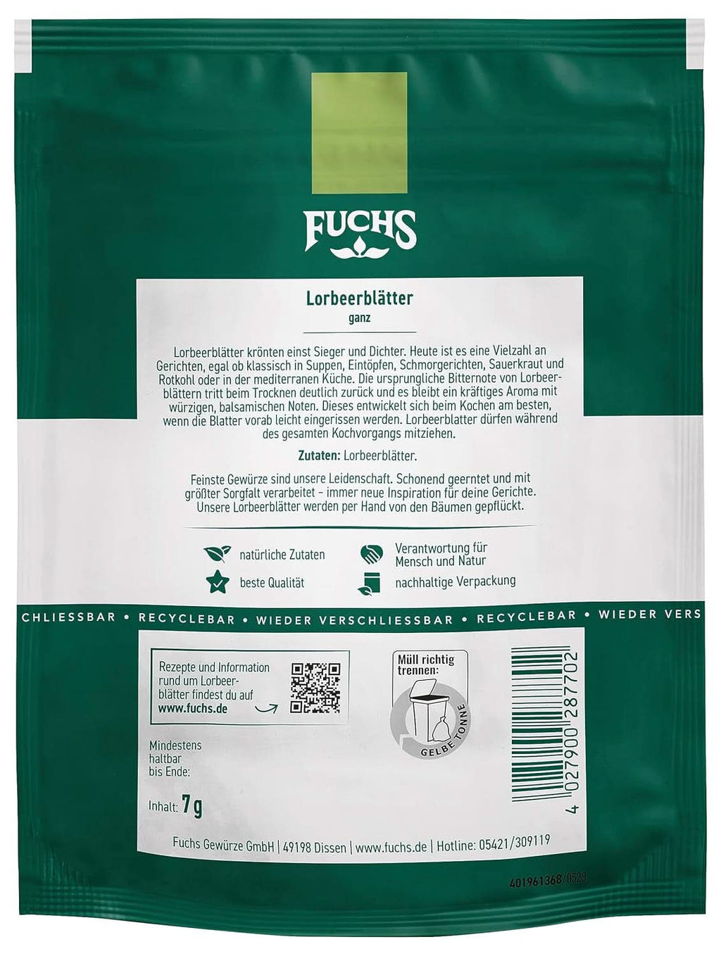 Fuchs - Frunze de dafin într-o pungă resigilabilă, reciclabilă - fabricate din ingrediente naturale - 7 grame Condimente Naty Shop