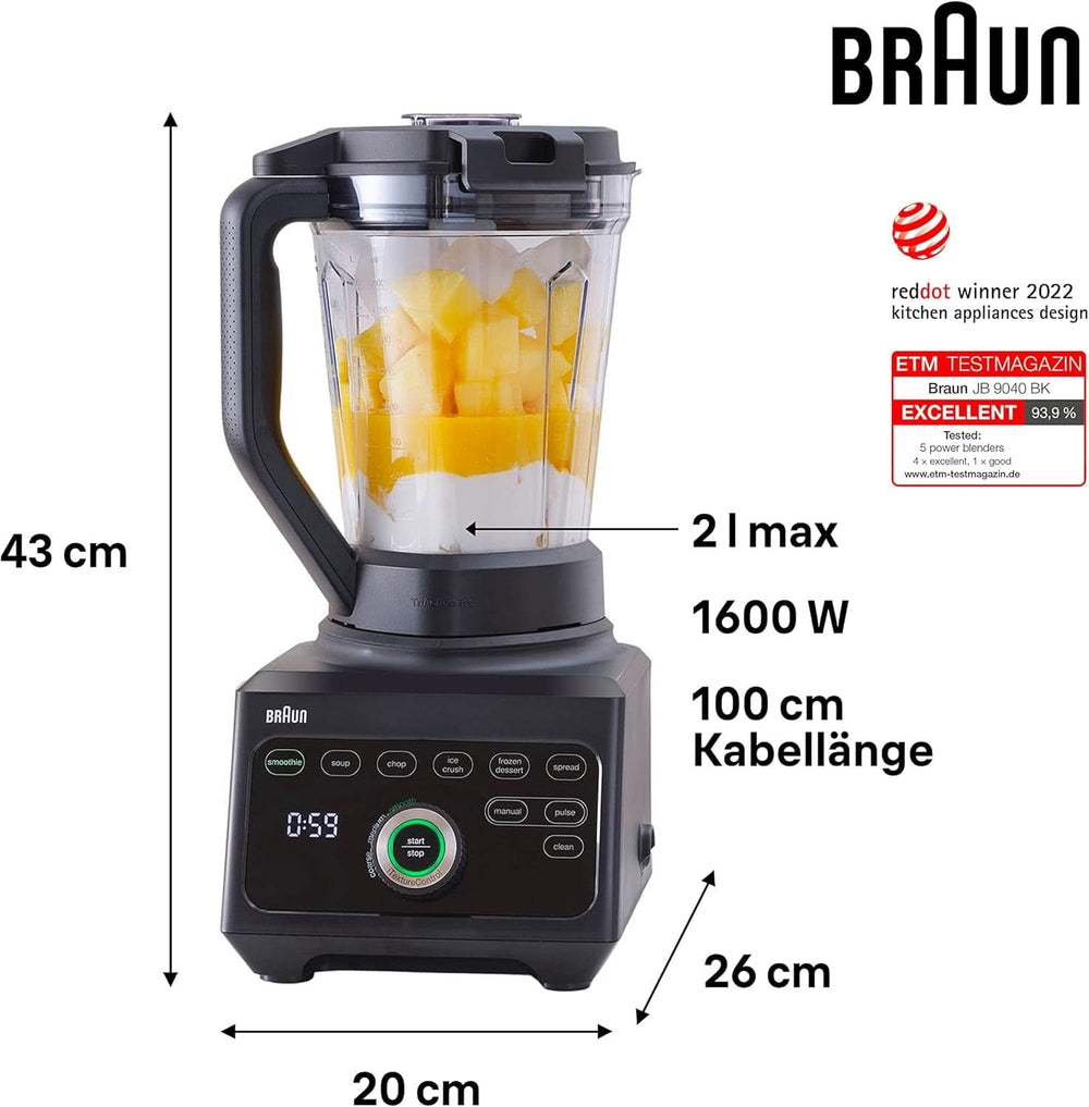 Braun Hochleistungsmixer Powerblend 9 JB9040 – Batteur sur socle avec mélangeur en verre, 18 programmes de mixage, 10 vitesses de rotation + fonction d'impulsion, fonction Heiße Suppen, programme de nettoyage, tampon, 1600 W, Schwarz Kitchen Naty Shop