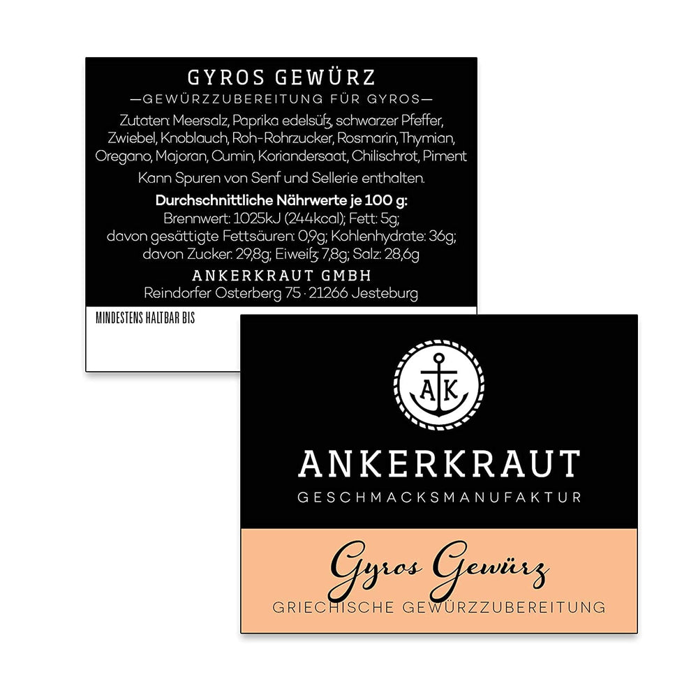 Ankerkraut Gyros, Gewürzmischung für Gyros, également sur la Pfanne ou sur le Grill, avec Zwiebel, Knoblauch, Marjolaine, Cumin, Piment et plus, 80 g dans Korkenglas