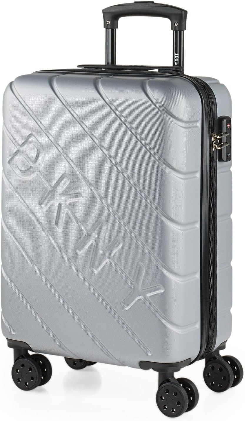 DKNY - Valiză mare cu 4 roți valiză mare ușoară - Valiză de călătorie cu roți mare. Valiză de călătorie mare pentru avioane Valiză hard shell cu închidere certificată - Valiză troler mare, argintie Bagaje și echipament de călătorie Naty Shop argint S