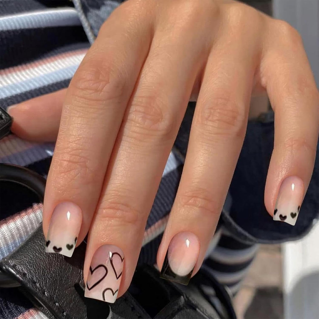 24 bucăți unghii artificiale cu vârf francez, scurte și pătrate, unghii acrilice negre cu design în formă de inimă albă, pentru acoperire completă