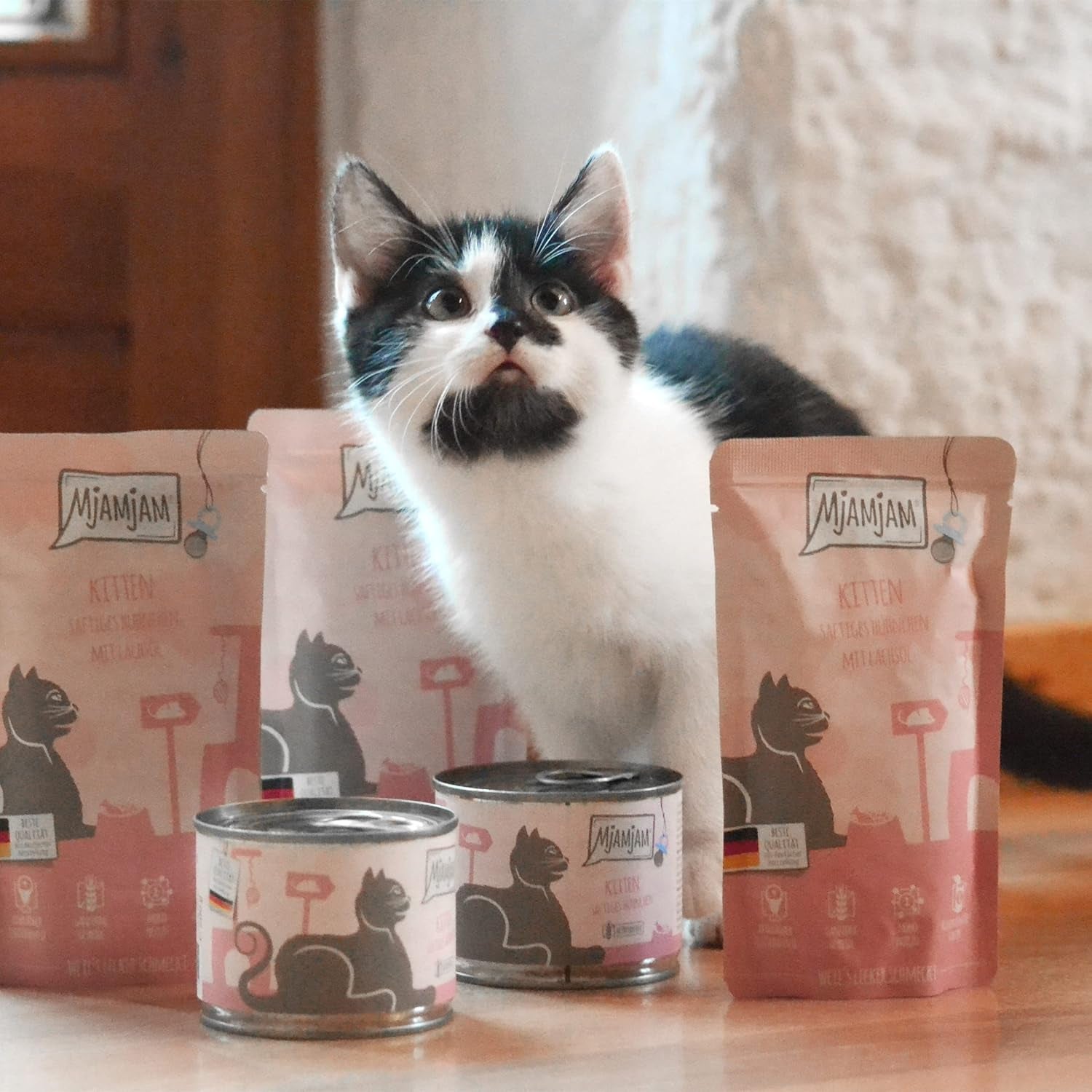 MjAMjAM - Nourriture humide premium pour chat - Boîte pour chaton - 3x poulet à l'huile de saumon et 3x huile de saumon veau, sac de nourriture, stylo, couvercle de boîte, paquet de 6 (6 x 200 g)