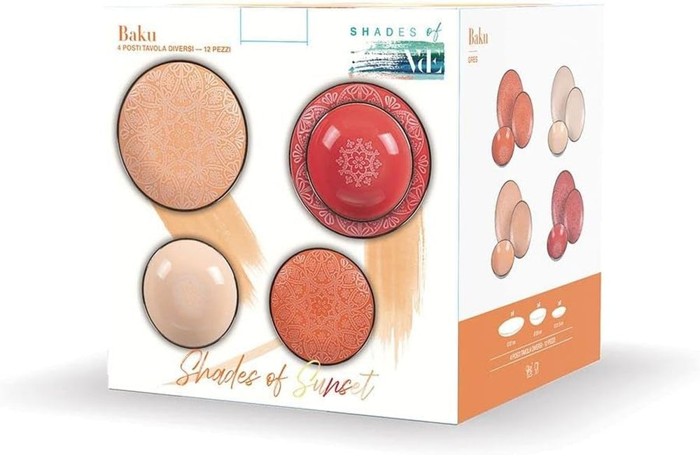 Service de table en grès 12 pièces, 4 assiettes en 4 designs différents, Baku Sunset