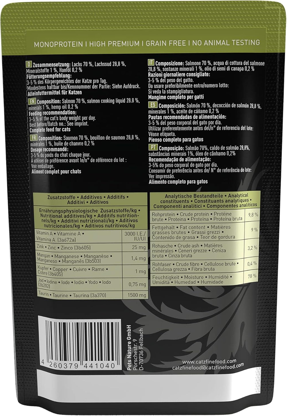 Nourriture humide pour chats Catz Finefood Purrrr avec monoprotéine et saumon no. 105, pour chats à digestion sensible, 16 x 80 g