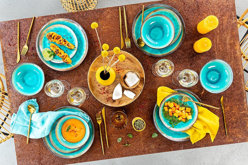 SANGER | Capri Dinnerware Service de table 12 pièces pour 4 personnes en grès comprenant des assiettes plates, des assiettes à dessert et des assiettes Suma Service de table turquoise fait à la main avec bord gris | LA COLLECTION PREMIUM