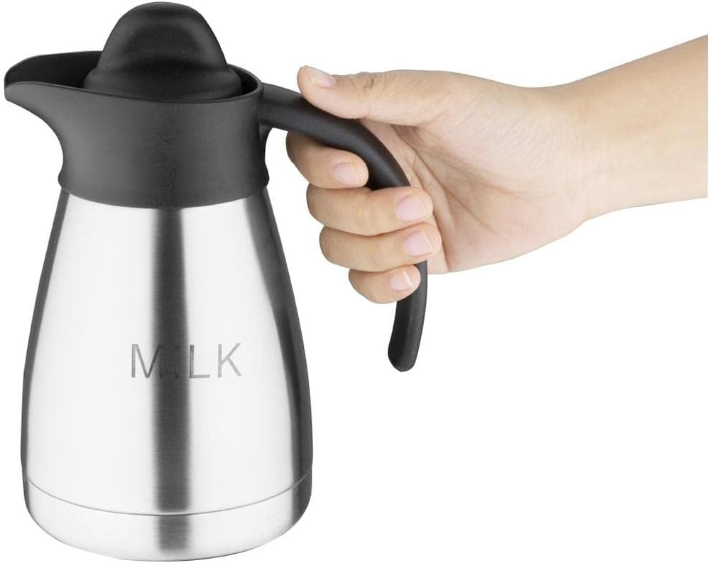 Cană de lapte vidată Olympia cu capac cu filet, 500 ml/17 oz, oțel inoxidabil cu capac negru, imprimeu cu lapte pe lateral, stații de bufet pentru ceai și cafea, CL371