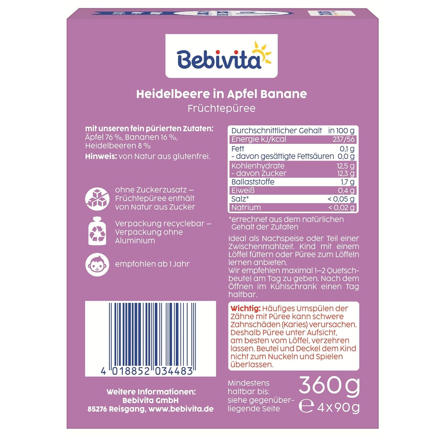 Sachets compressibles myrtilles, pommes et bananes - 16 (4 paquets, 4 x 90 g chacun), sans sucre ajouté, sans gluten, idéaux pour les plats à emporter et les collations à emporter