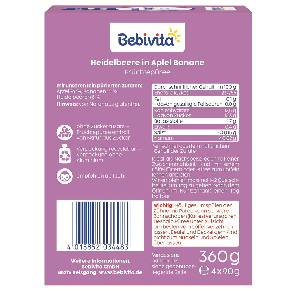 Sachets compressibles myrtilles, pommes et bananes - 16 (4 paquets, 4 x 90 g chacun), sans sucre ajouté, sans gluten, idéaux pour les plats à emporter et les collations à emporter
