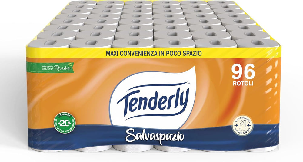Gain de place, 96 rouleaux de papier toilette, 2 couches, 220 déchirures par rouleau, Aux extraits naturels de mauve et de calendula, Fabriqué en Italie, Testé dermatologiquement.
